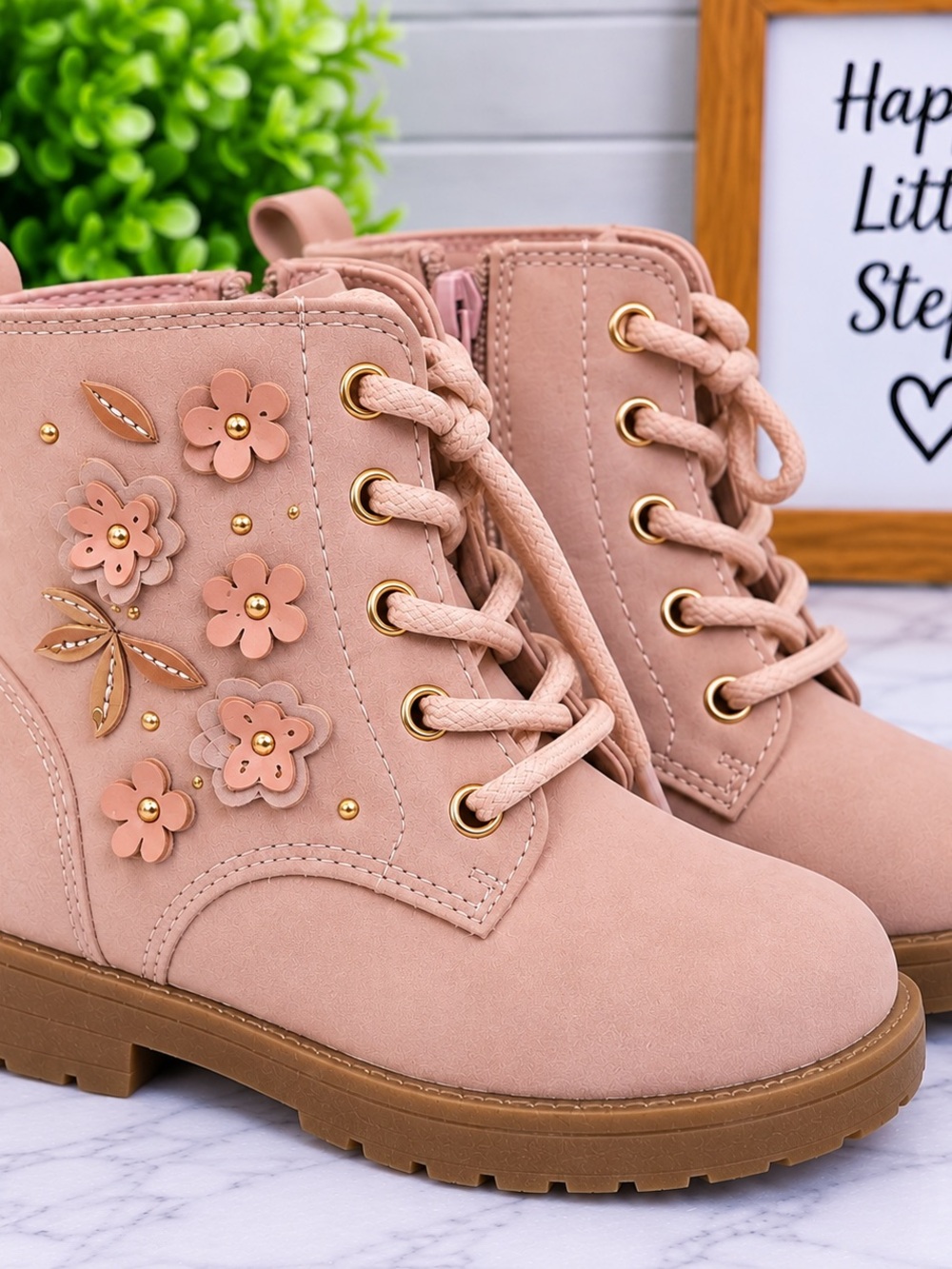 Girls Blush Pink Floral Lace-Up Ankle Boots